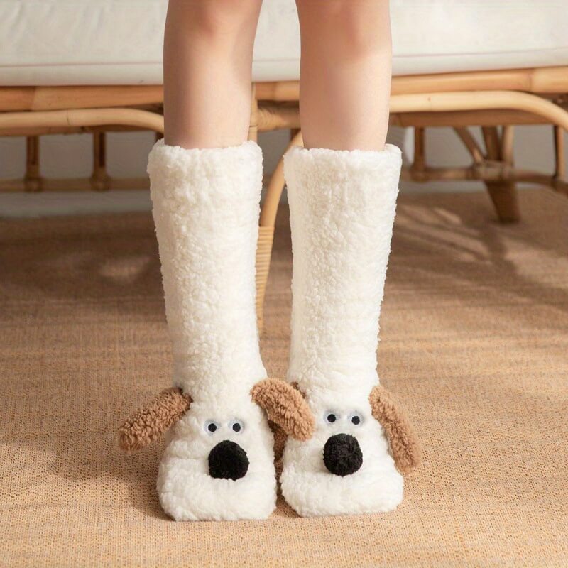 Women's gray fleece slipper socks mid-calf cut with 3D fuzzy dog applique ears for cozy lounging