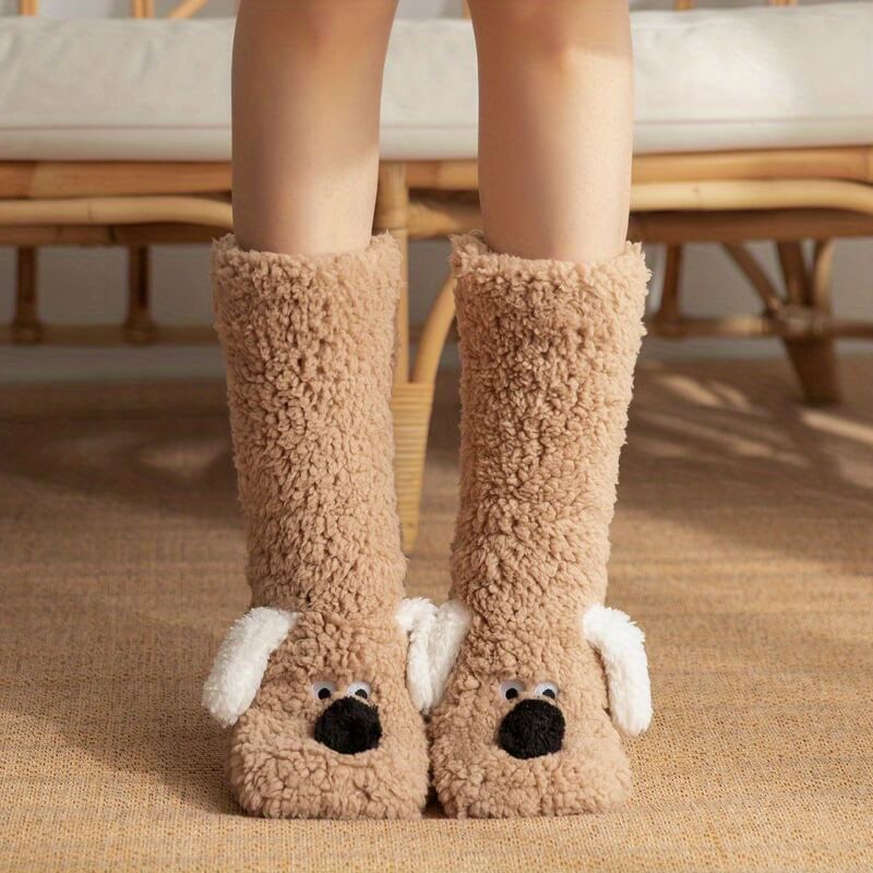 Women's gray fleece slipper socks mid-calf length with 3D fuzzy dog applique ears for cozy lounging