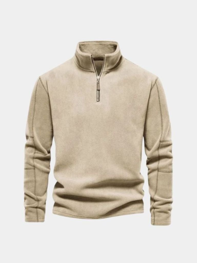 Soft half-zip fleece pullover lightweight minimalist stand collar versatile layering piece everyday wear