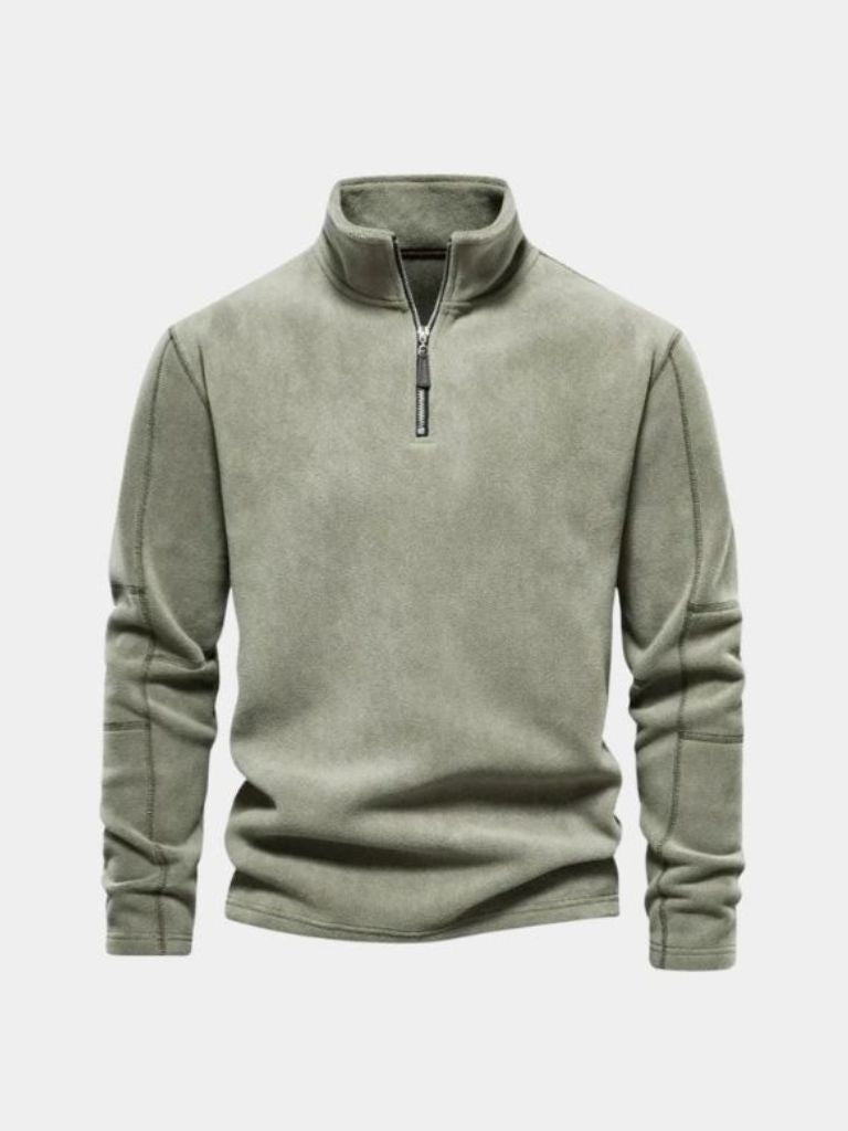Soft half-zip fleece pullover lightweight minimalist stand collar everyday layering essential