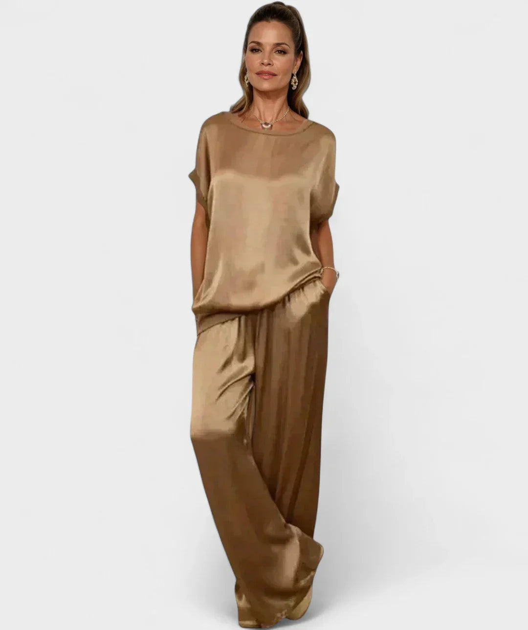 Women's satin two-piece set minimalist casual chic short sleeve top and wide-leg pants breathable polyester
