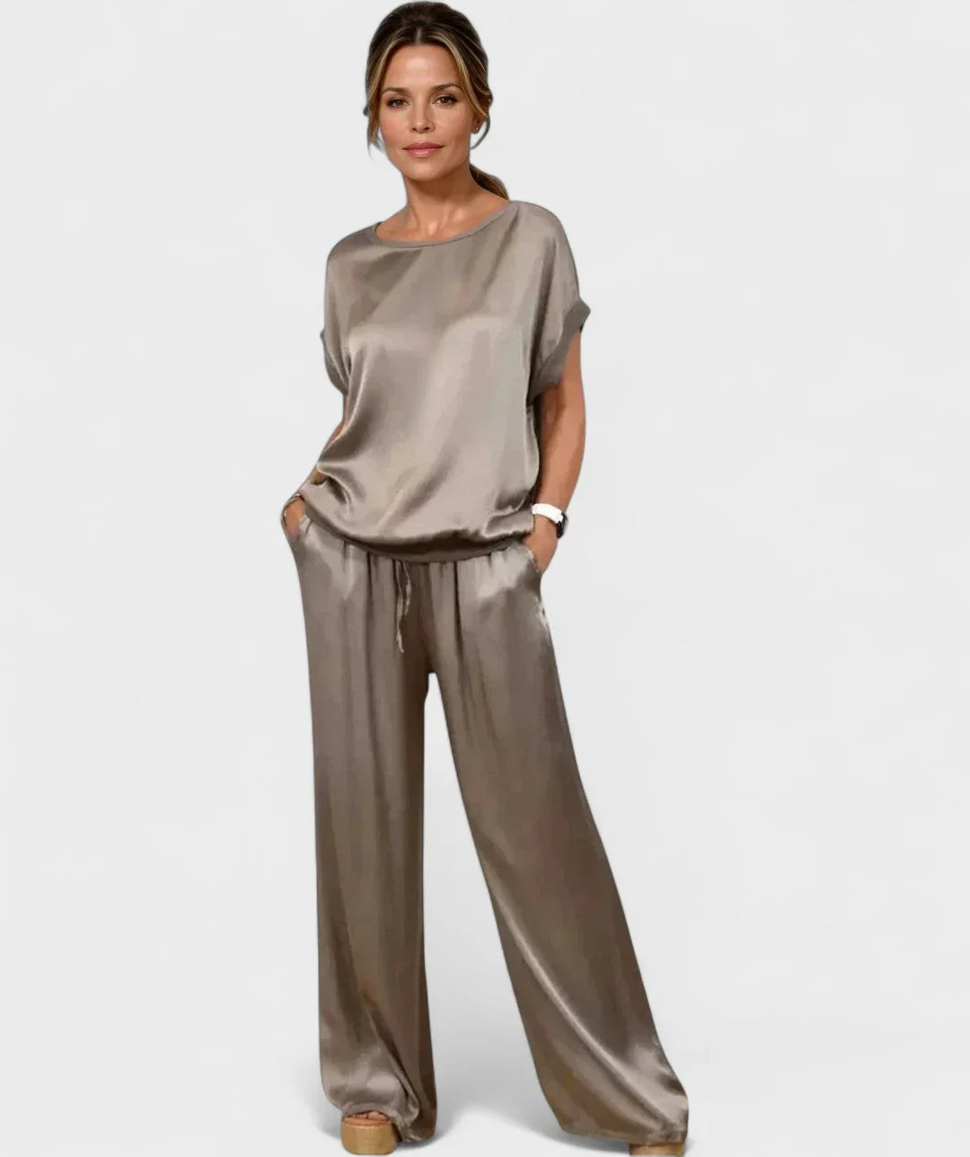 Women's satin two-piece set minimalist casual chic short sleeve top long pants breathable polyester