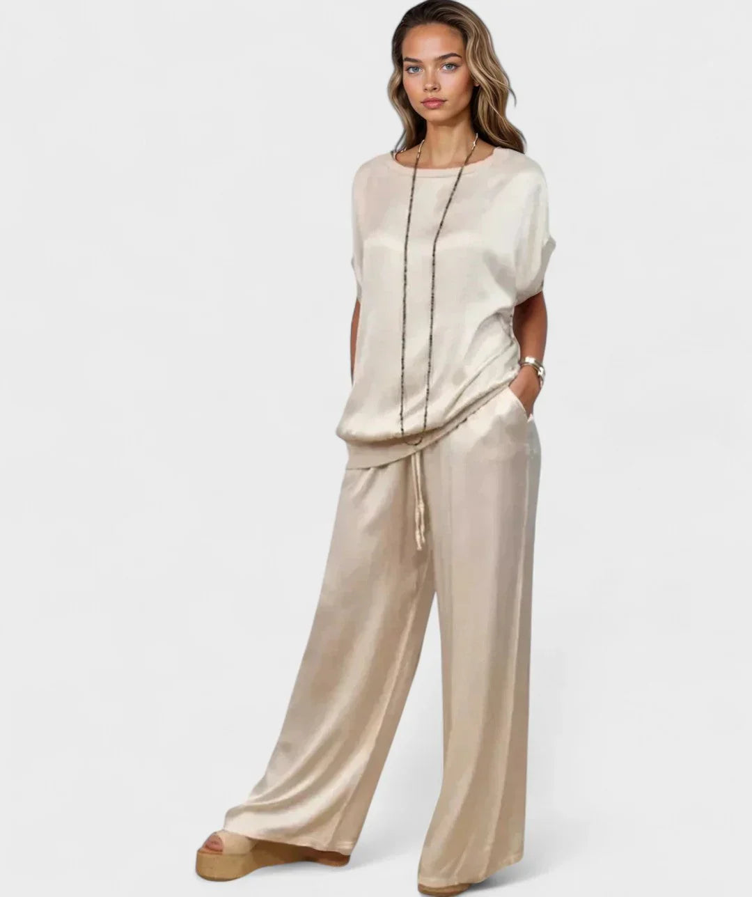 Women's satin two-piece set minimalist casual chic short sleeve top long pants breathable polyester