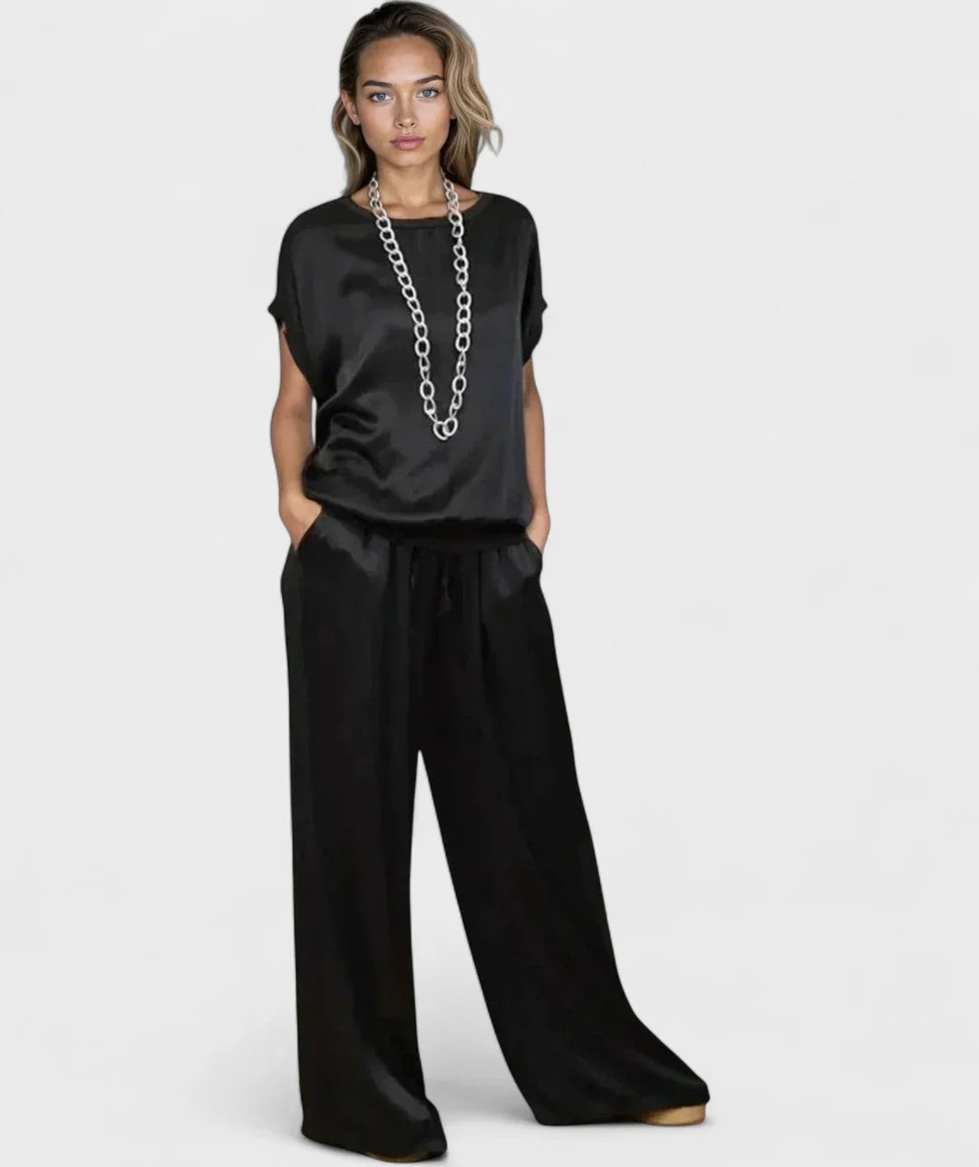 Women's satin two-piece set minimalist casual chic short sleeve top long pants breathable polyester