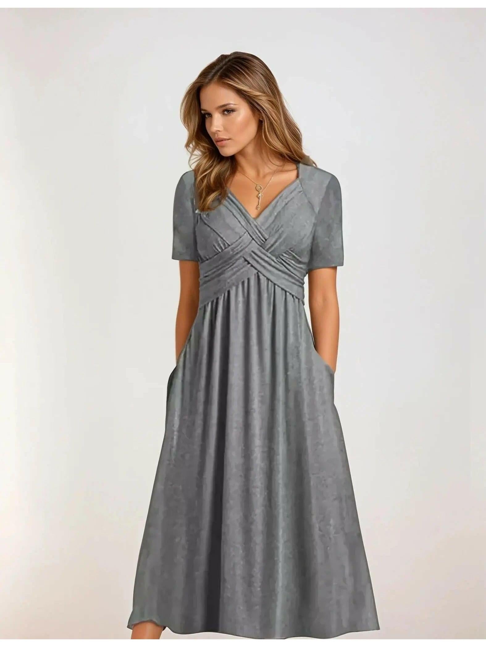 Amara navy blue V-neck evening gown with chest embellishment, flattering regular-fit silhouette