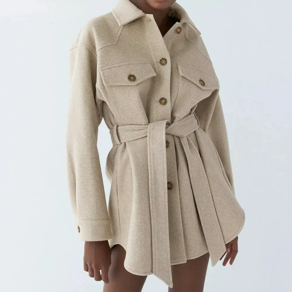 Women's loose wool belted coat in neutral tone, relaxed silhouette with cozy layering for fall winter