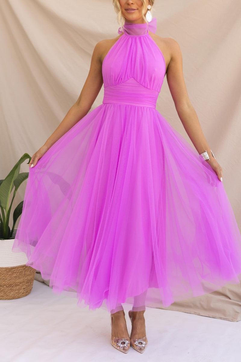 Fairy Vibes tulle gathered halter maxi dress ankle-length with adjustable neckline for women