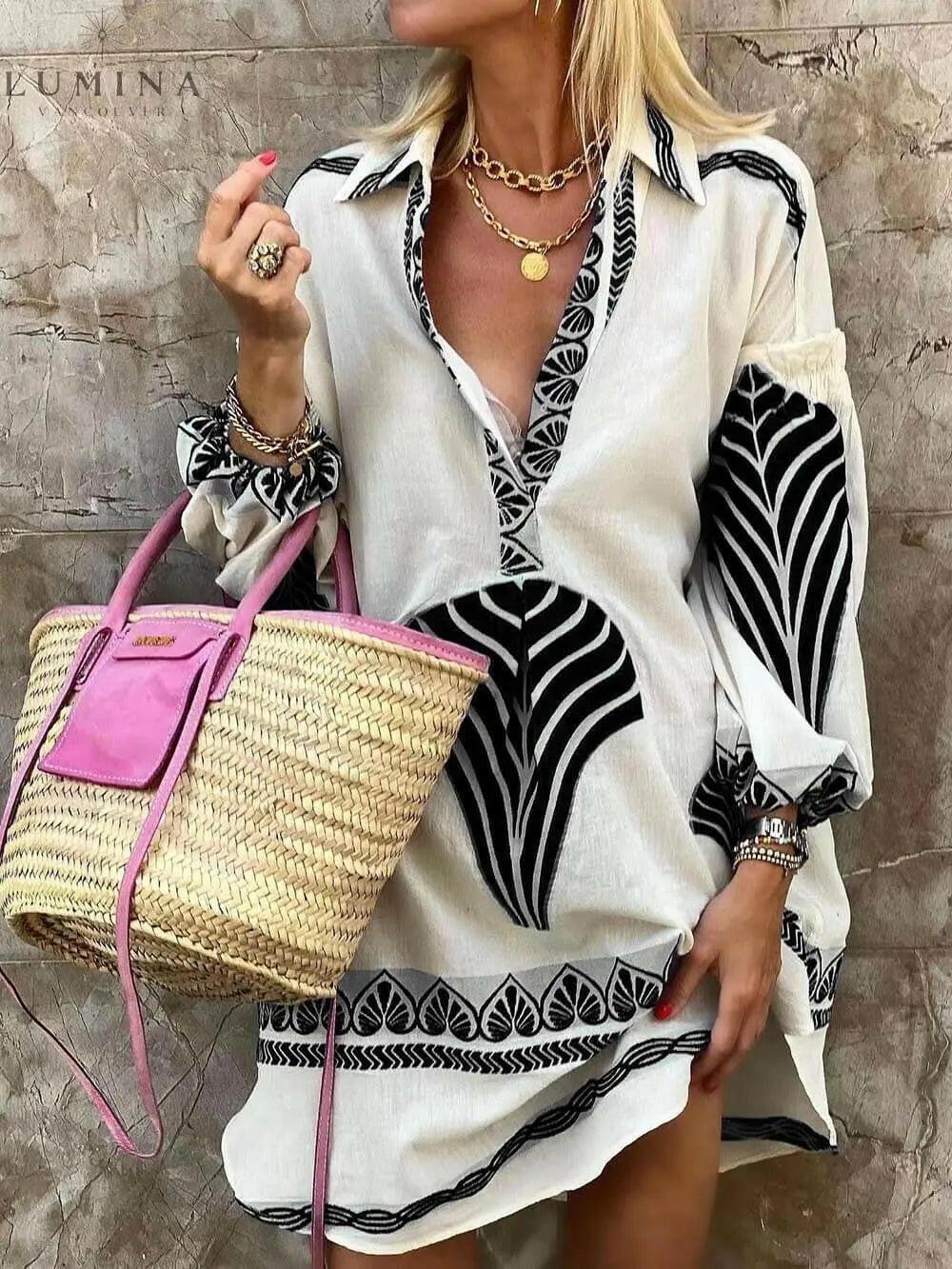Amber bold printed mini dress long sleeve lightweight comfort women stylish flattering silhouette