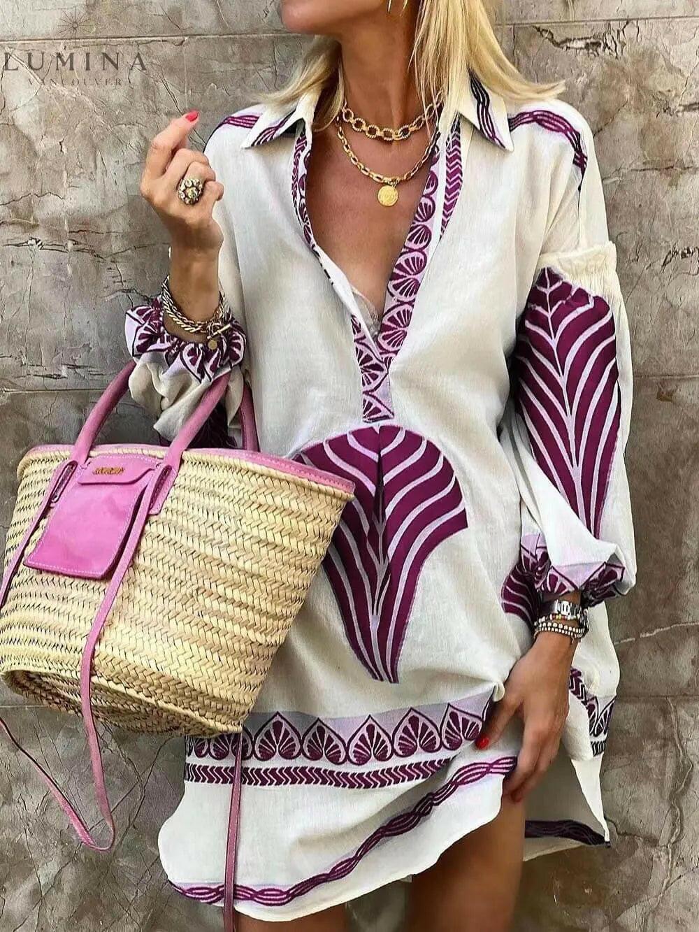 Bold printed long-sleeve mini dress lightweight comfort flattering silhouette all-over print