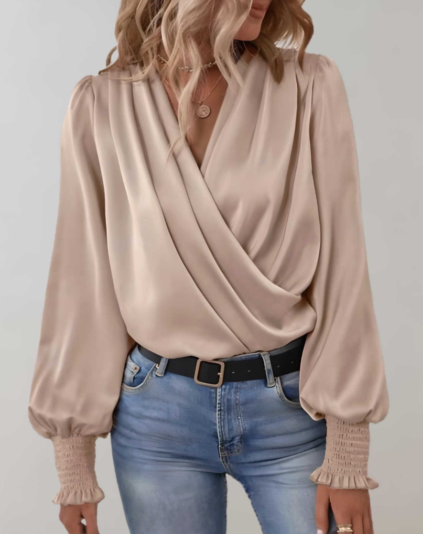 Beatrix women's ivory V-neck long sleeve blouse elegant work top with flattering neckline