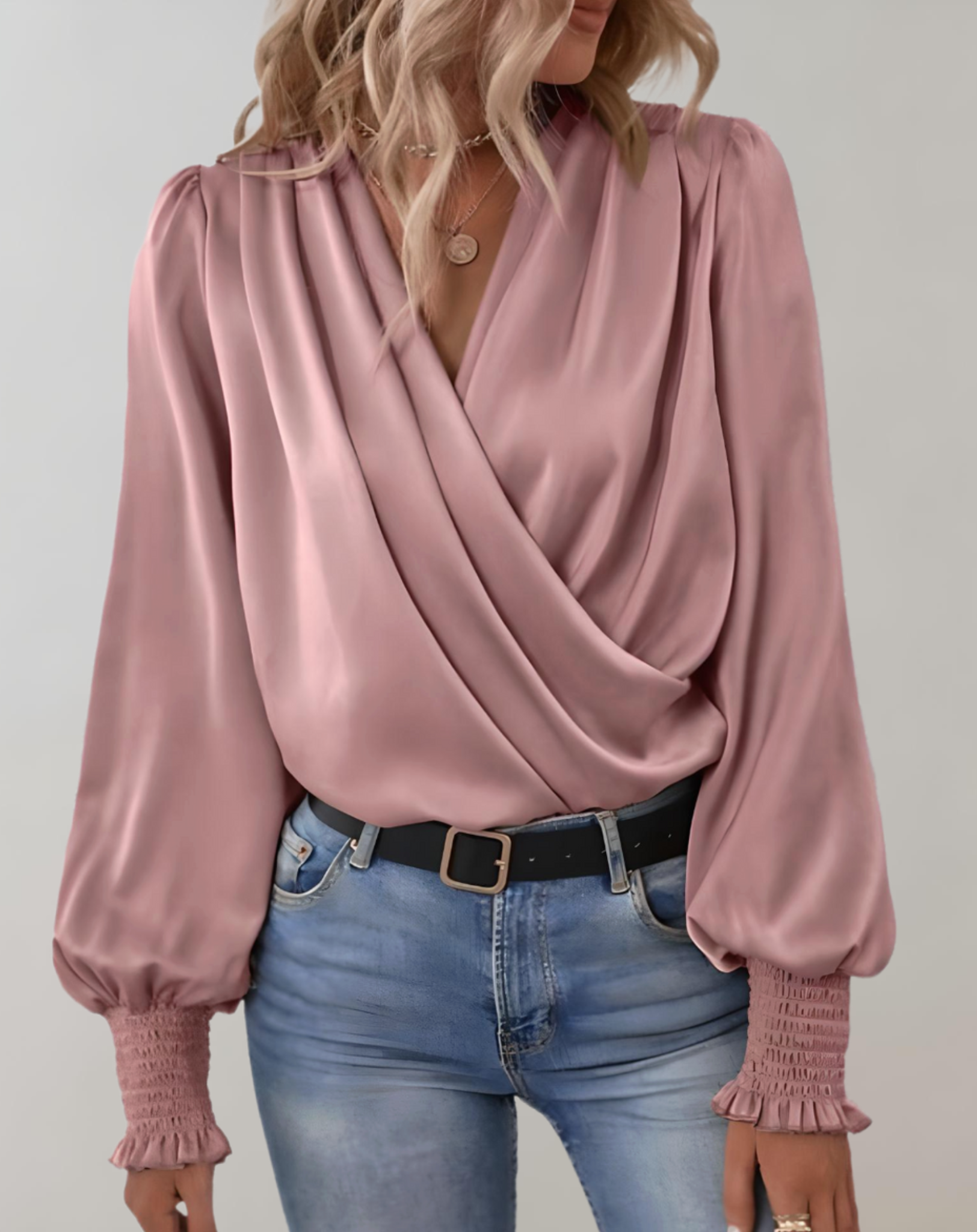 Elegant women's long sleeve V-neck blouse in versatile style, perfect refined work-to-evening top