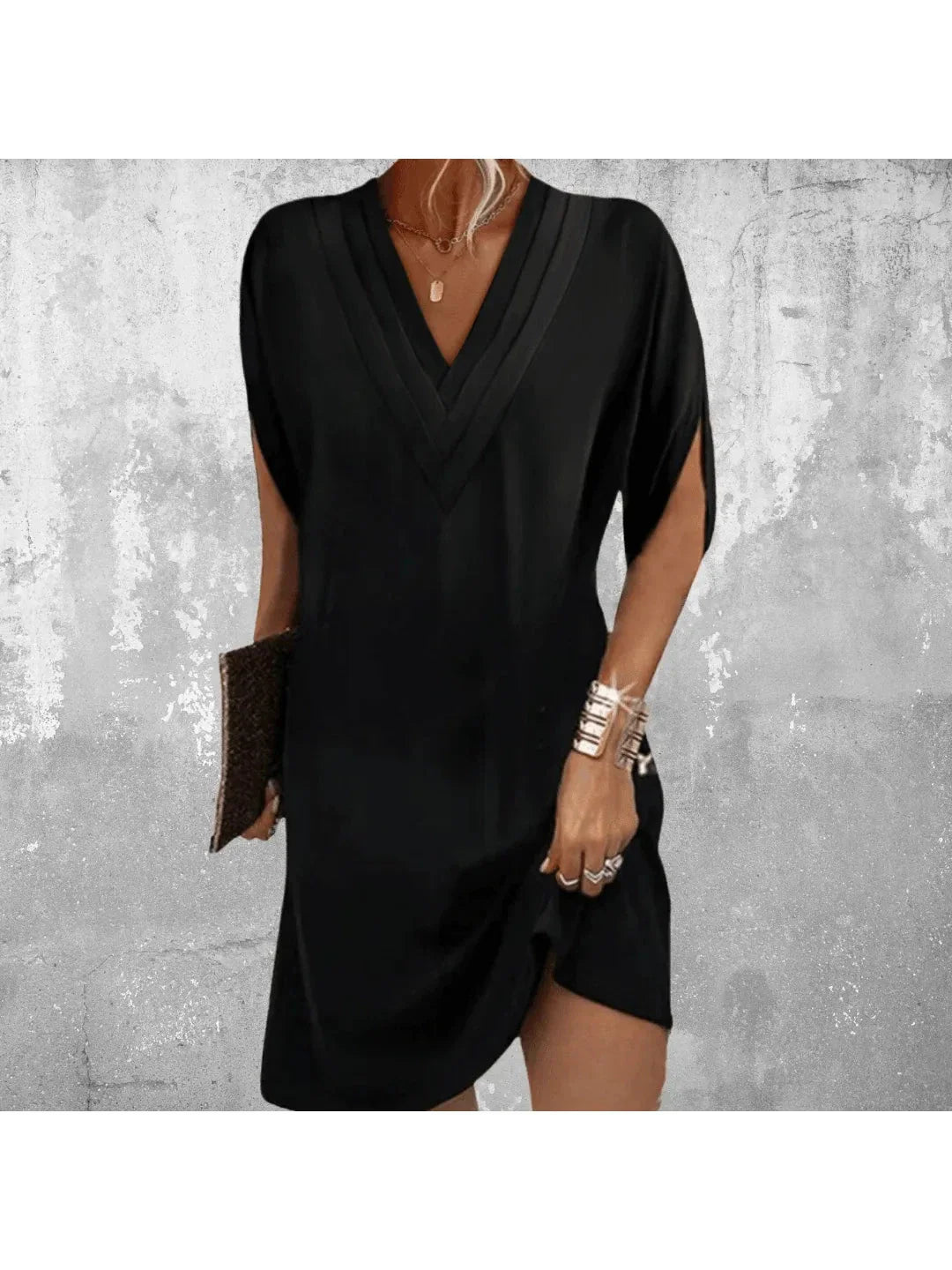 Elegant V-neck shift dress with flattering tummy-covering silhouette, lightweight and versatile day-to-night style