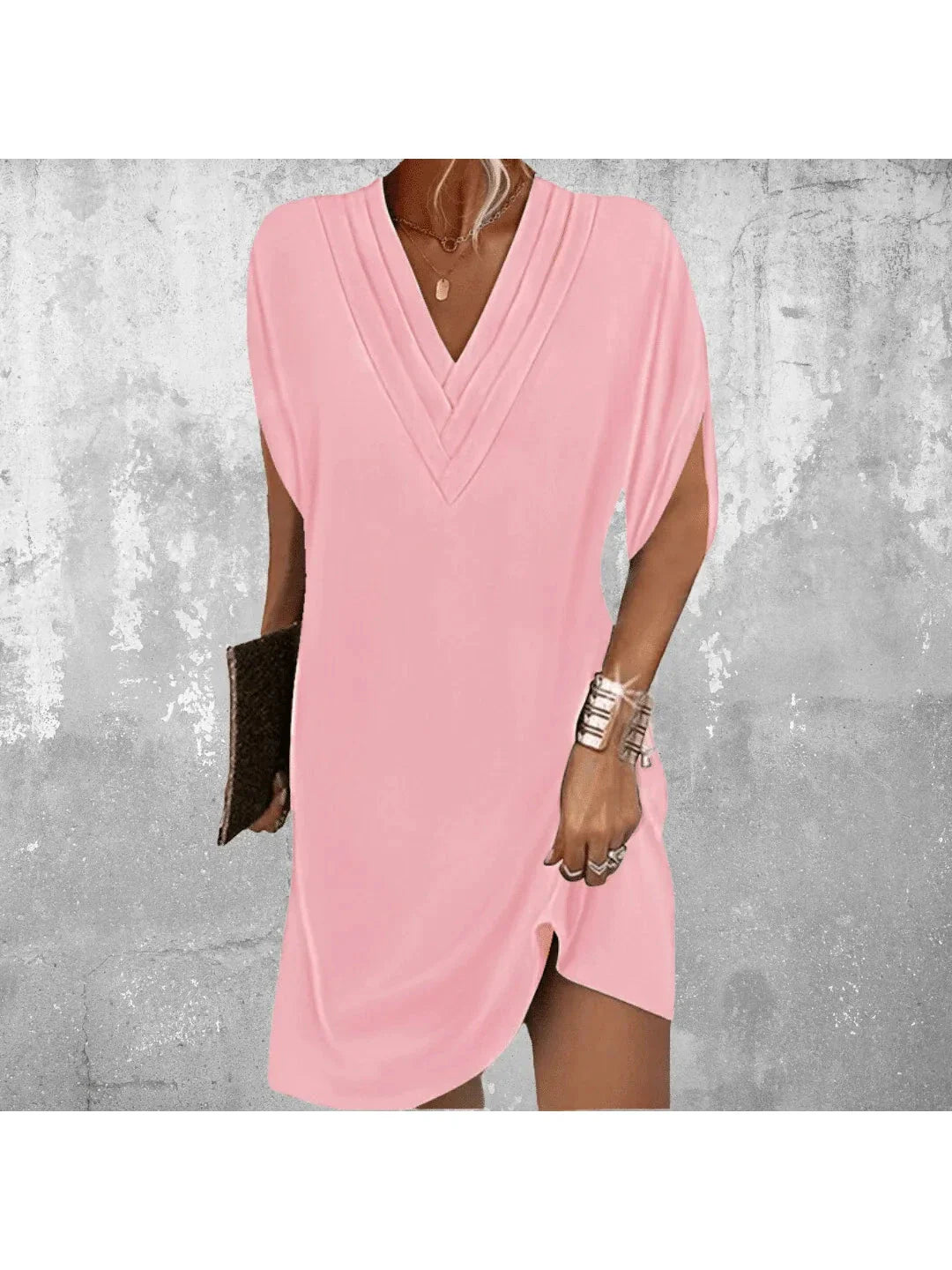 Elegant V-neck shift dress with flattering tummy-covering silhouette, lightweight and versatile day-to-night