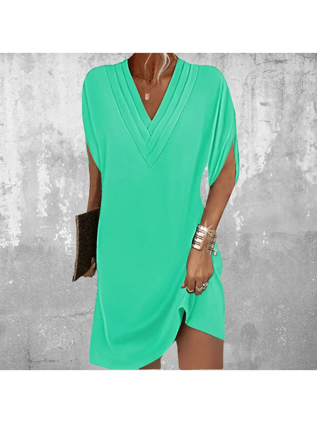 Elegant V-neck shift dress with tummy-covering silhouette, lightweight drape for day-to-night wear