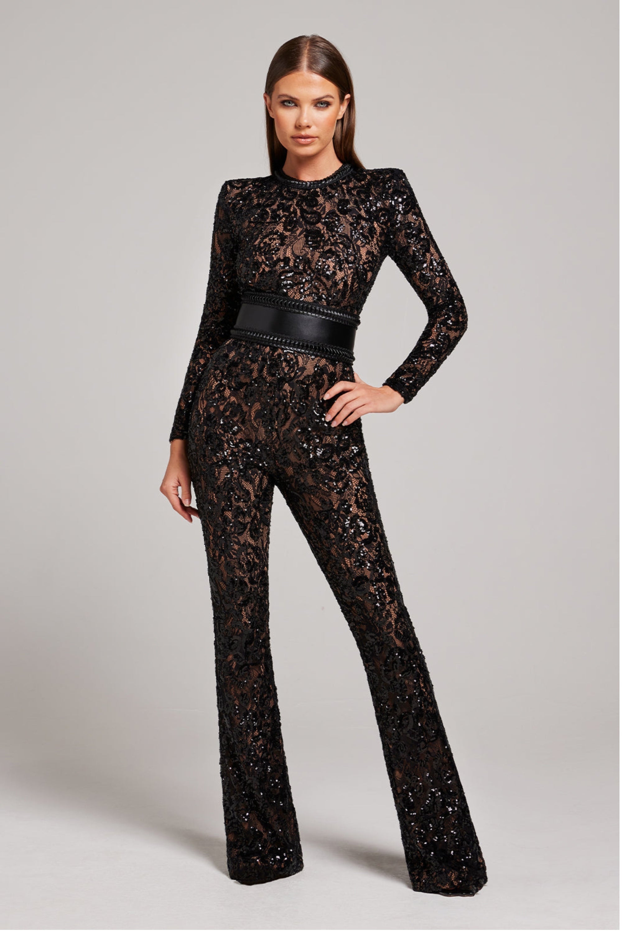 Women's elegant lace jumpsuit one-piece with intricate appliqués, flattering silhouette for evening wear