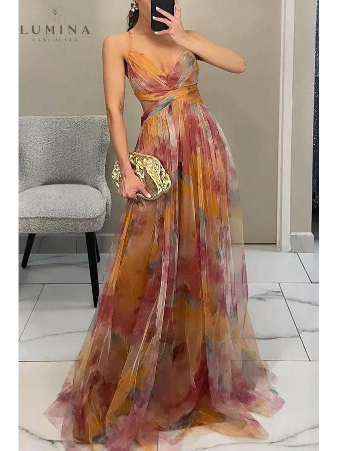 Floral maxi dress with draped silhouette, delicate print, adjustable back, lightweight summer chic