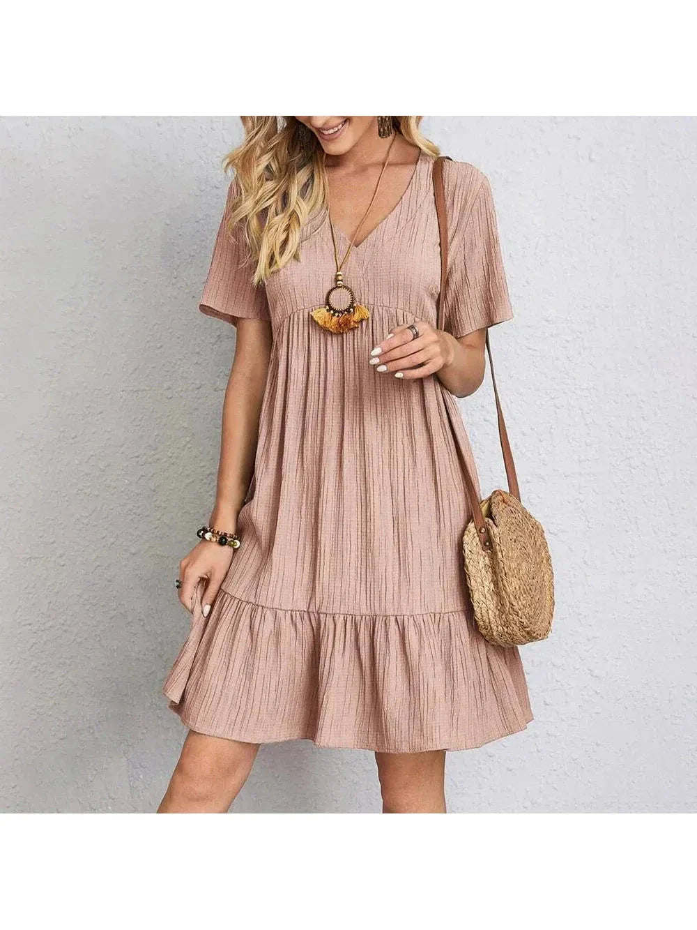 Boho mini dress solid color V-neck lightweight breathable flared silhouette beach casual summer