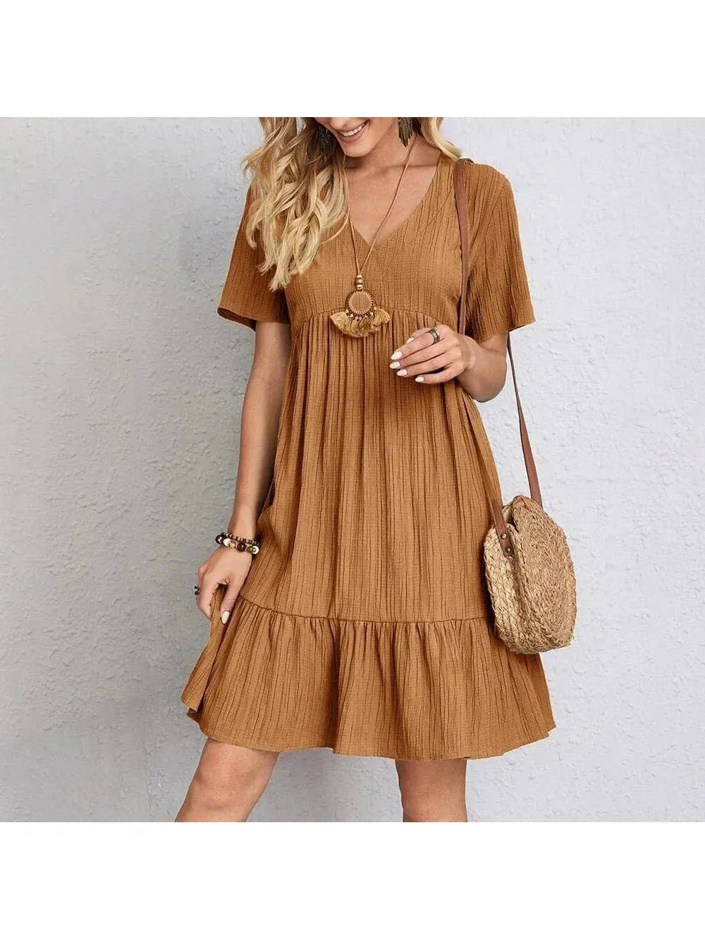 Boho mini dress solid color V-neck lightweight breathable flare silhouette beach casual summer style