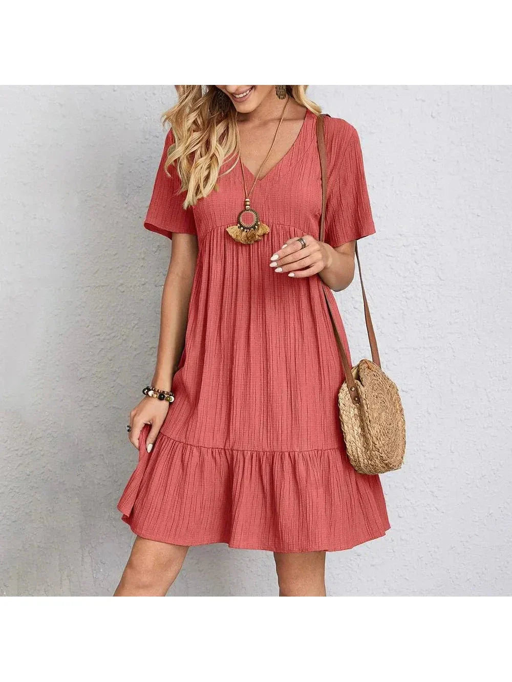Boho mini dress solid color V-neck lightweight breathable flare silhouette beach summer casual