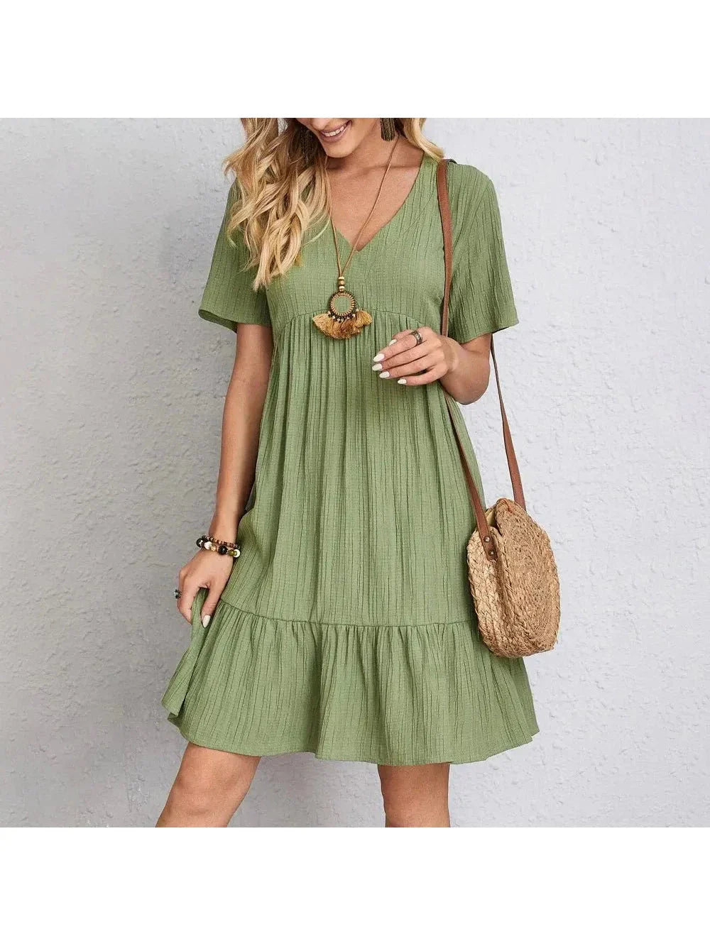 Women's boho mini dress solid color V-neck flare silhouette lightweight breathable casual summer beach style
