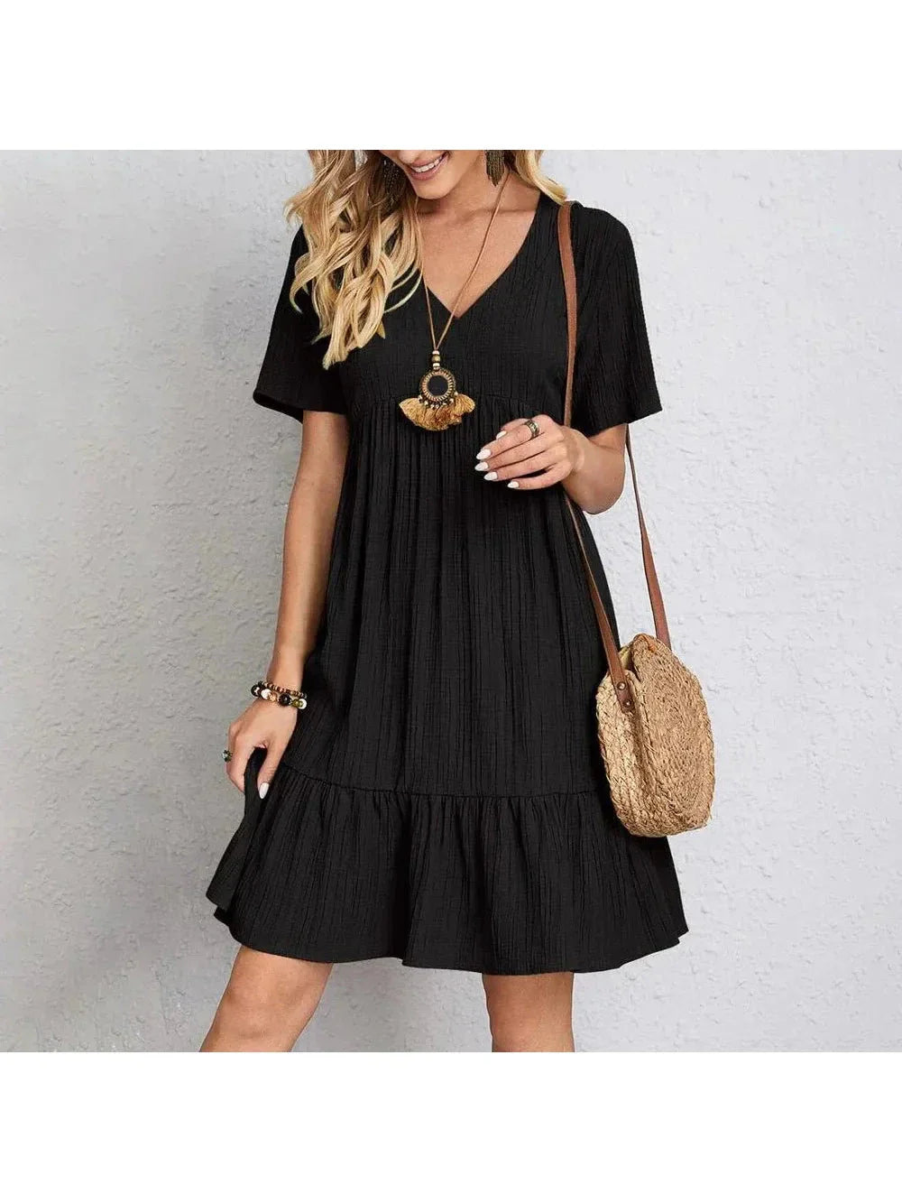 Women's boho mini dress solid color V-neck lightweight flare silhouette beach-ready casual summer style