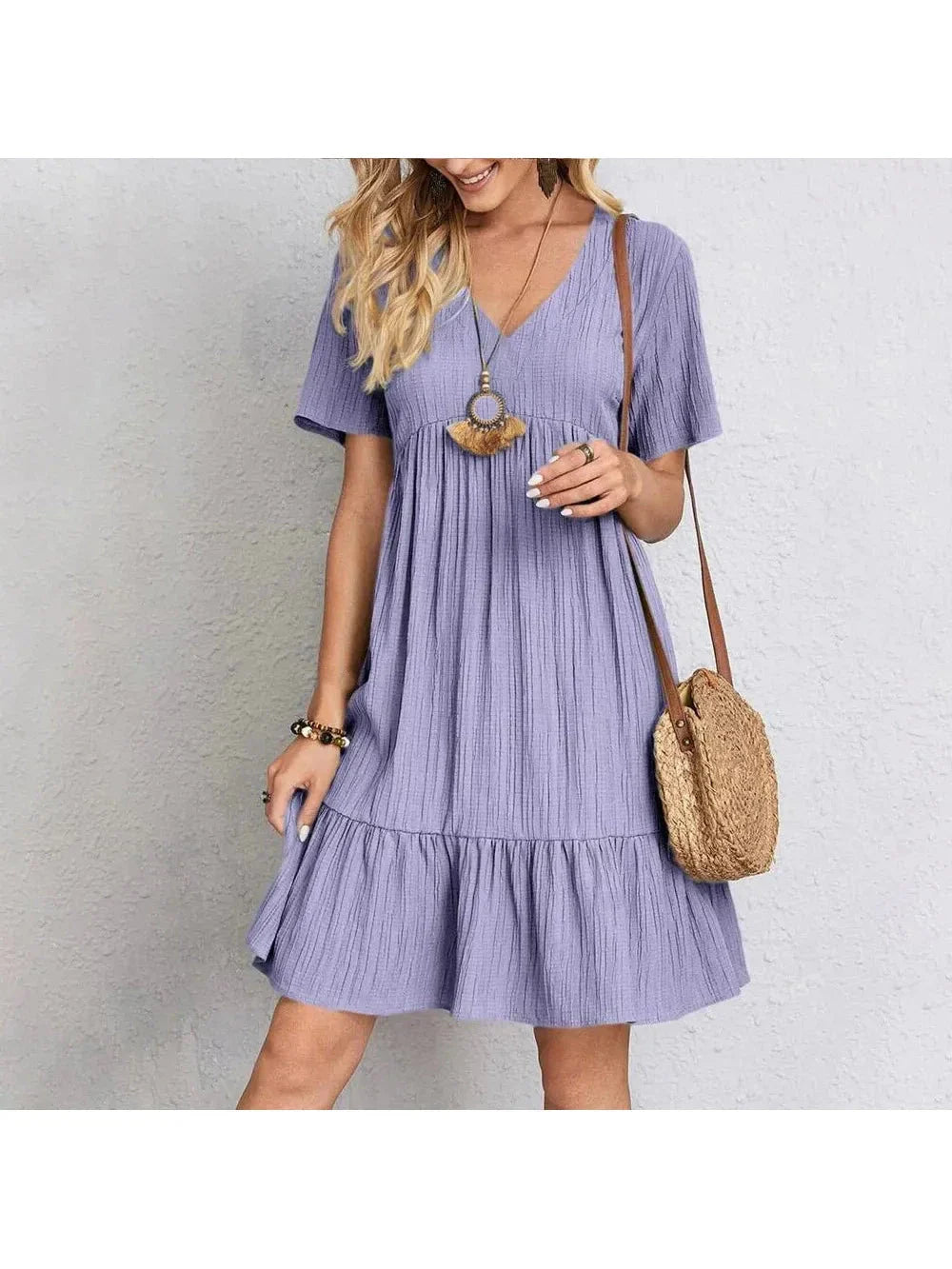 Women's boho mini dress solid color V-neck flare silhouette lightweight breathable summer beach style