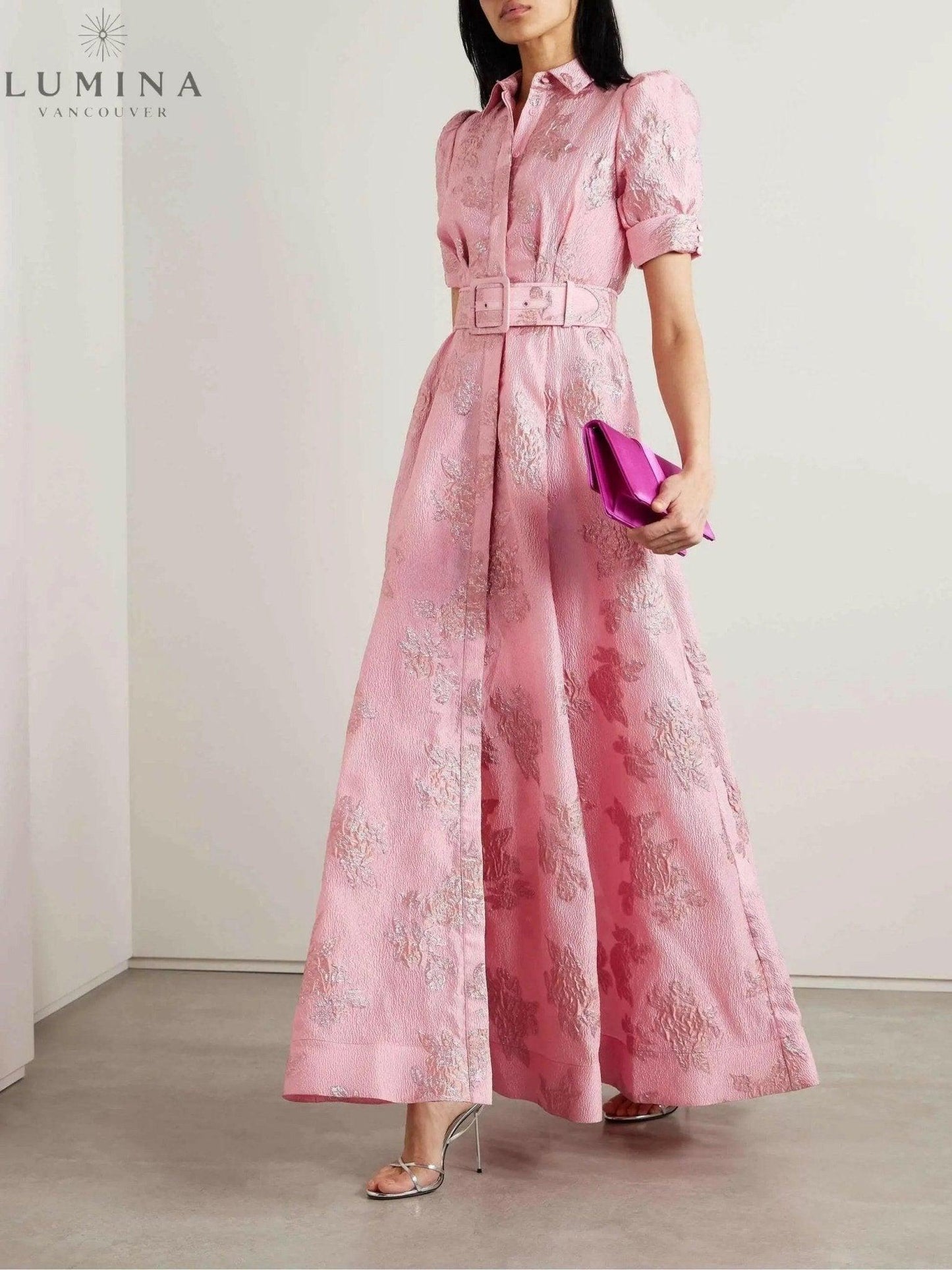 Pink floral puff sleeve dress with belted waist, tailored fit for formal bridesmaid occasions