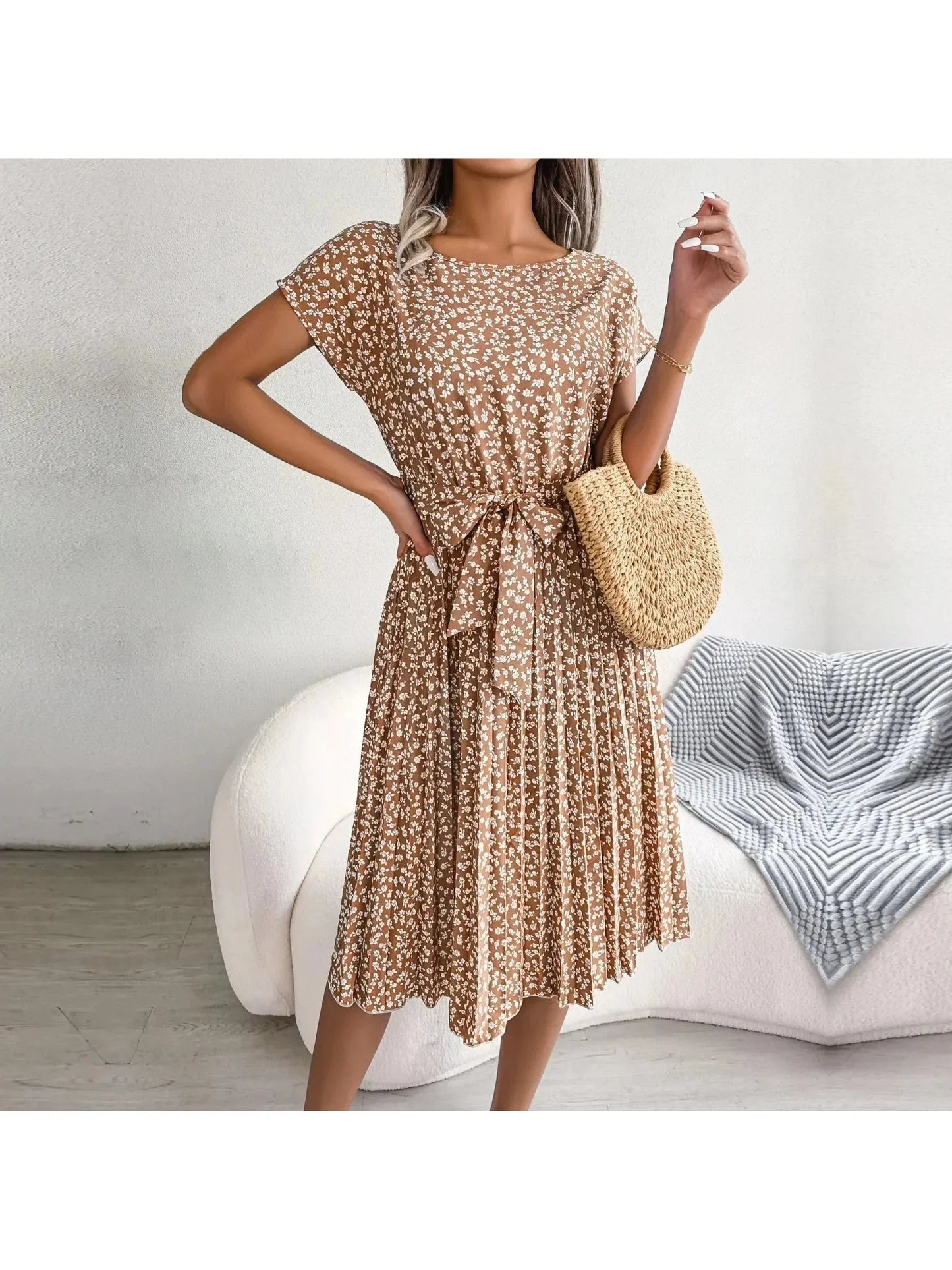 Anabelle floral pleated midi dress for women with waist-tie and flattering silhouette