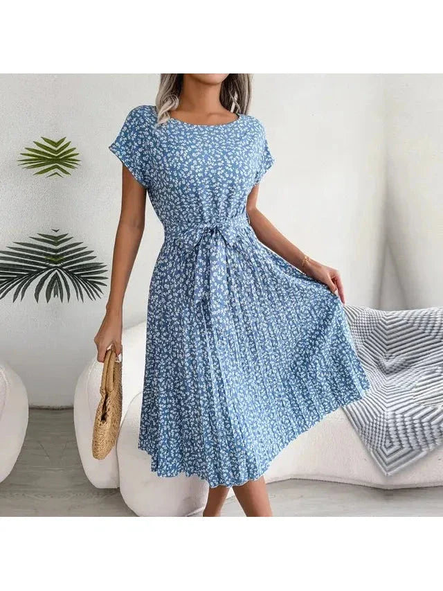 Anabelle floral pleated midi dress for women with waist-tie and flattering silhouette