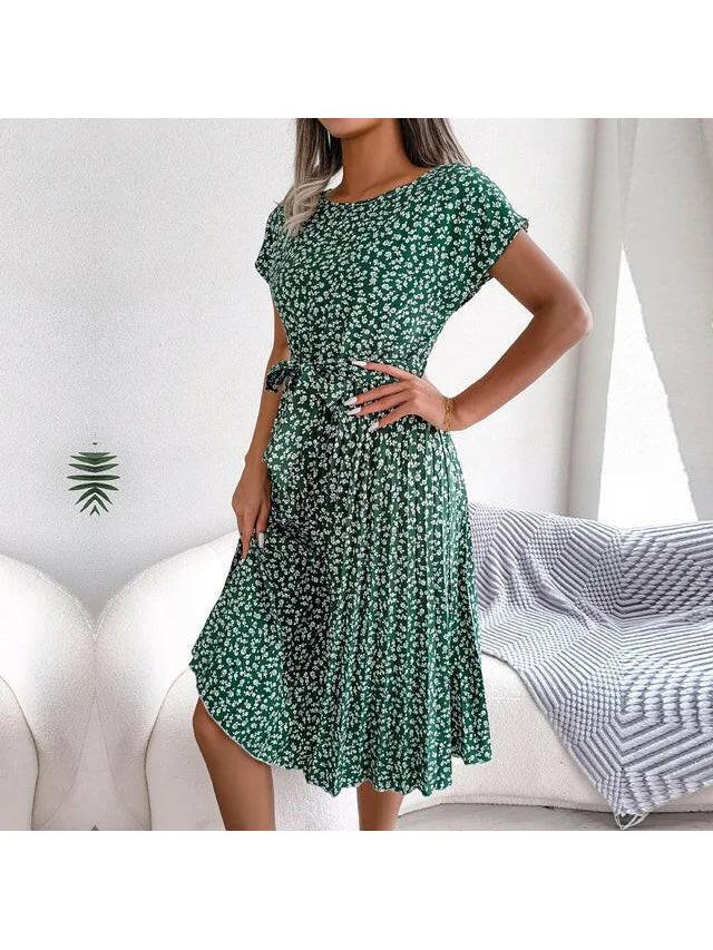 Anabelle floral pleated midi dress for women with waist-tie and elegant feminine silhouette