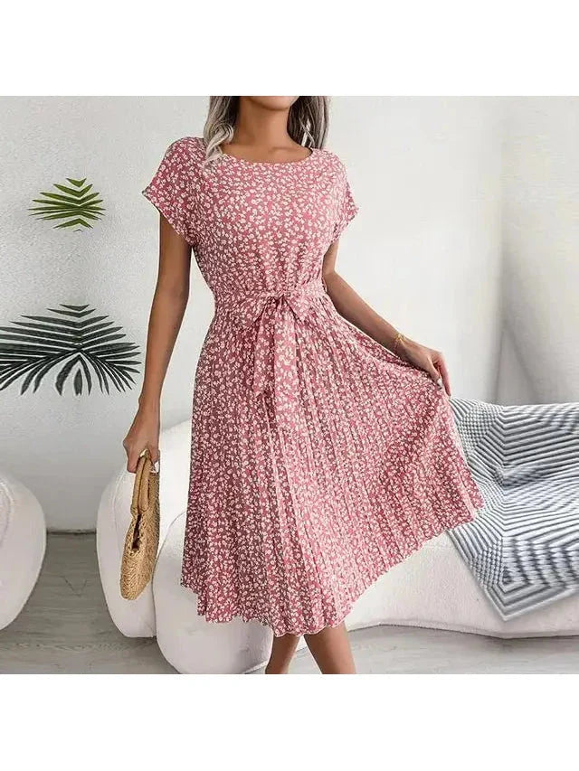 Anabelle floral pleated midi dress for women with waist-tie and flattering silhouette