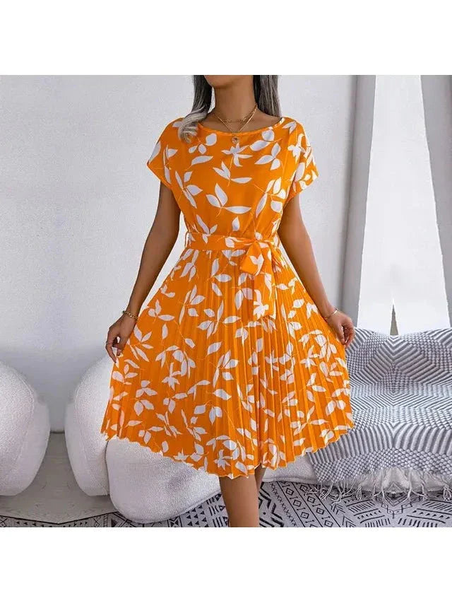 Anabelle floral pleated midi dress for women with waist-tie and flattering feminine silhouette