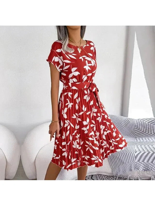 Anabelle floral pleated midi dress for women with waist-tie and elegant feminine silhouette