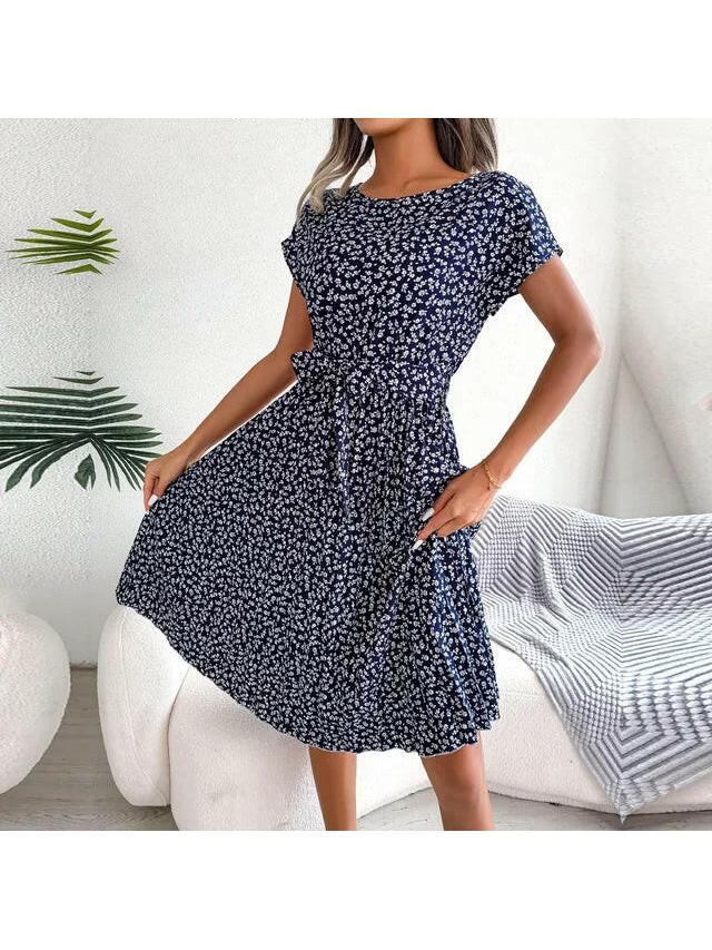 Anabelle floral pleated midi dress for women with waist-tie and elegant feminine silhouette