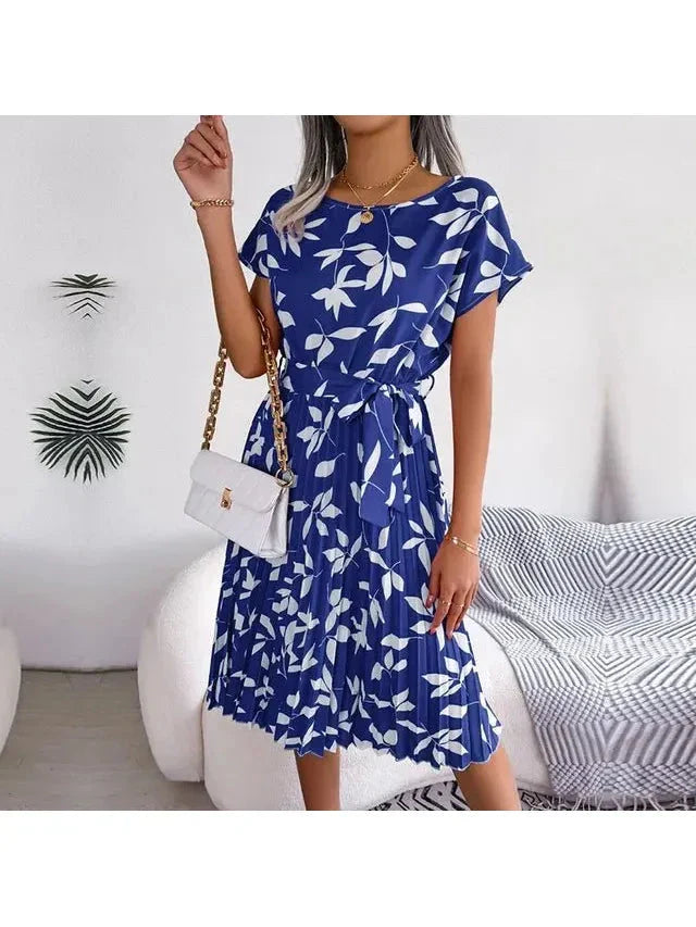 Anabelle floral pleated midi dress for women with waist-tie and elegant feminine silhouette