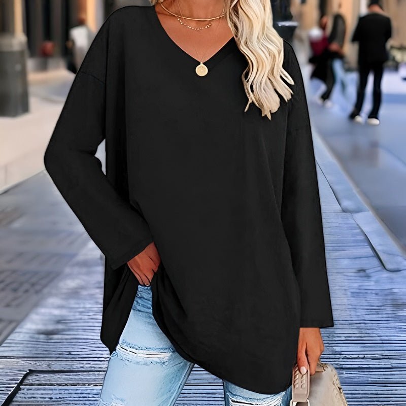 Women's relaxed draped v-neck tunic top with dropped shoulders breathable everyday layering piece