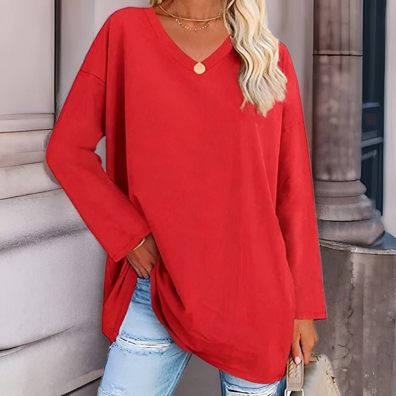 Women's relaxed draped V-neck tunic top with dropped shoulders for breathable everyday layering