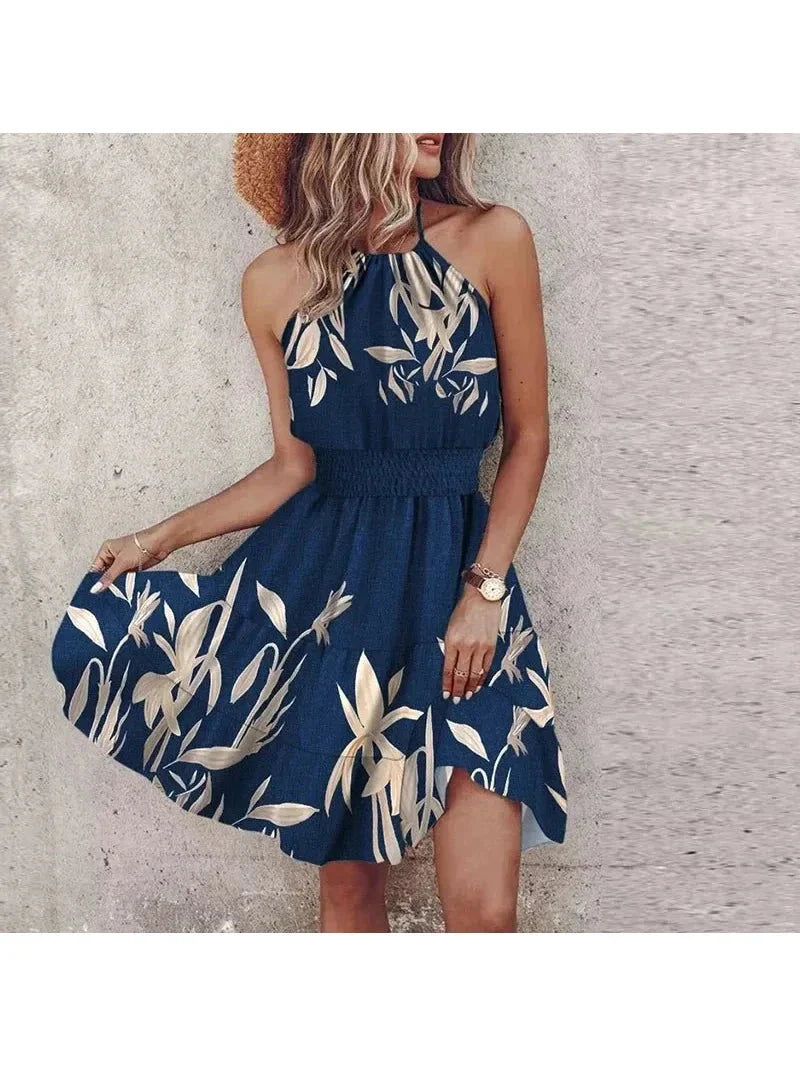 Women's boho halter dress vibrant print flattering silhouette summer bohemian style statement