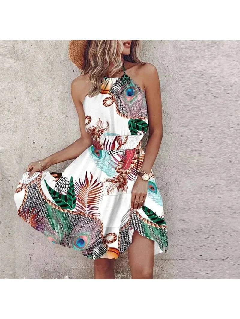 Women's boho halter dress vibrant print flattering silhouette summer bohemian style