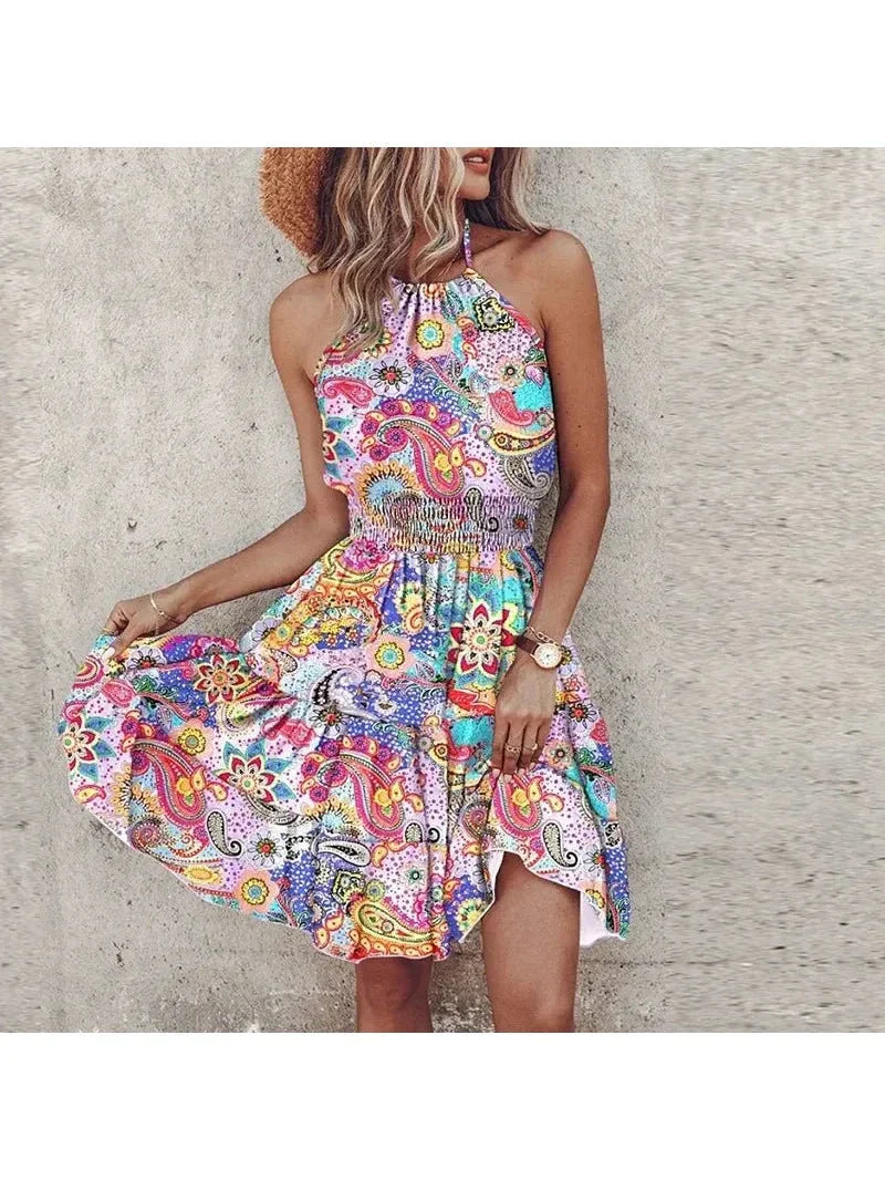Women's boho halter dress vibrant print flattering silhouette summer bohemian style