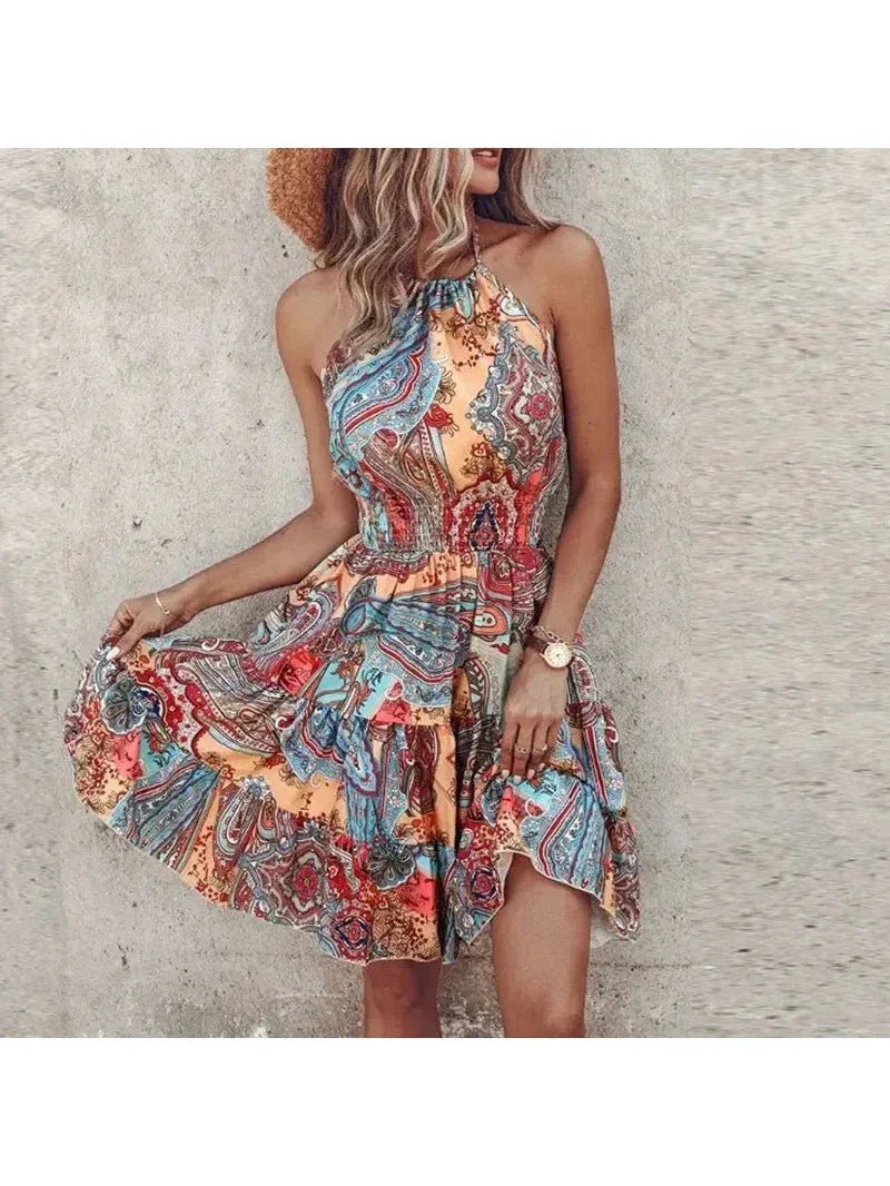 Women's boho halter dress vibrant print flattering silhouette summer bohemian style
