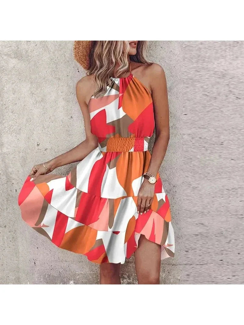 Women's boho halter dress vibrant print flattering silhouette summer bohemian style