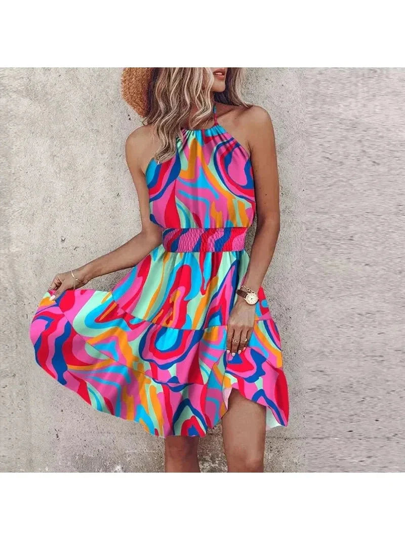 Women's boho halter dress vibrant print flattering silhouette summer statement style