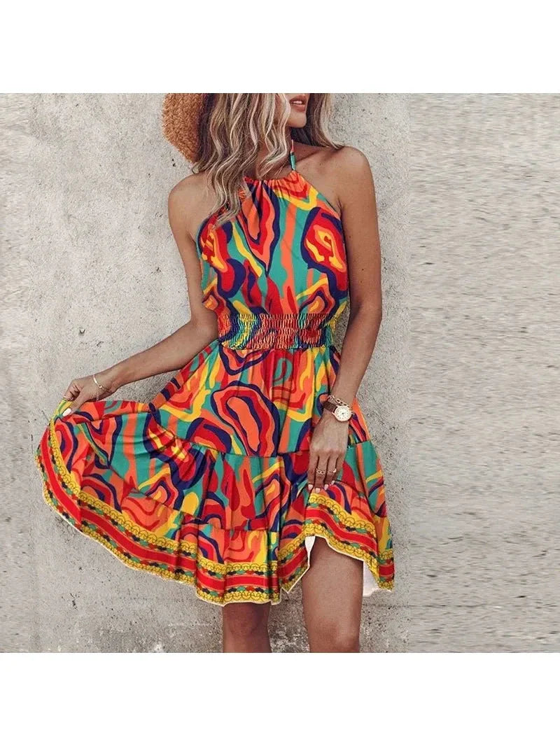 Women's boho halter dress vibrant print flattering silhouette summer bohemian style