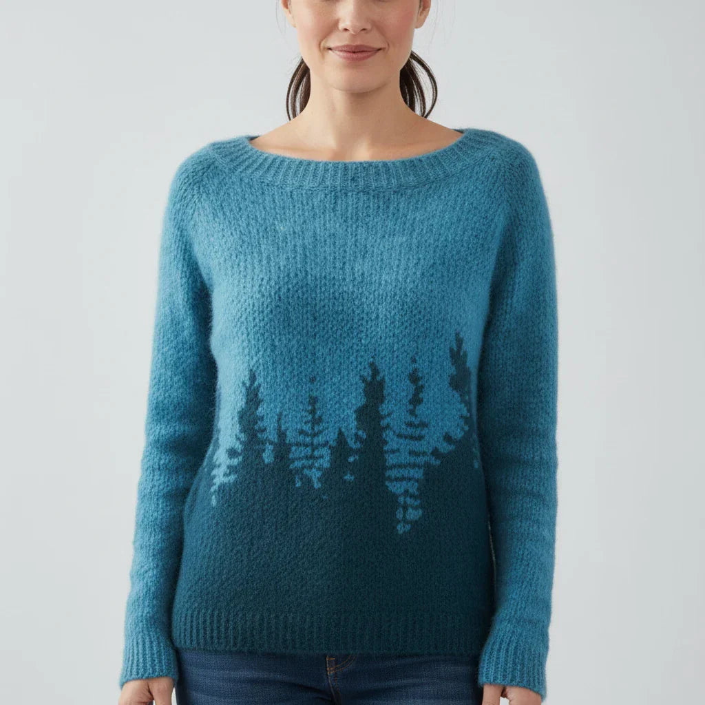 Women's relaxed crewneck sweater with Fair Isle and tree prints, perfect for casual layering