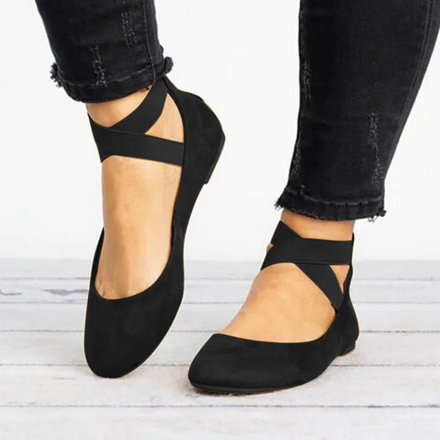 Olivia women's black ankle strap ballet flats with cushioned sole and secure everyday comfort fit