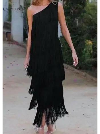Black one-shoulder mini dress with bold fringe detailing, asymmetric neckline for glamorous evening wear