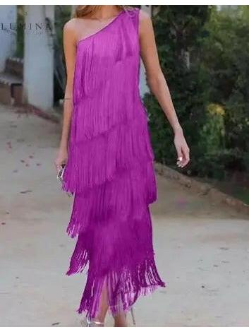 Black one-shoulder mini dress with cascading fringe detailing for glamorous party evening wear