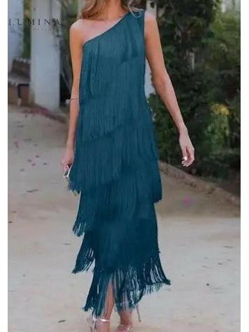 Black one-shoulder fringe mini dress with asymmetrical neckline for glamorous evening wear