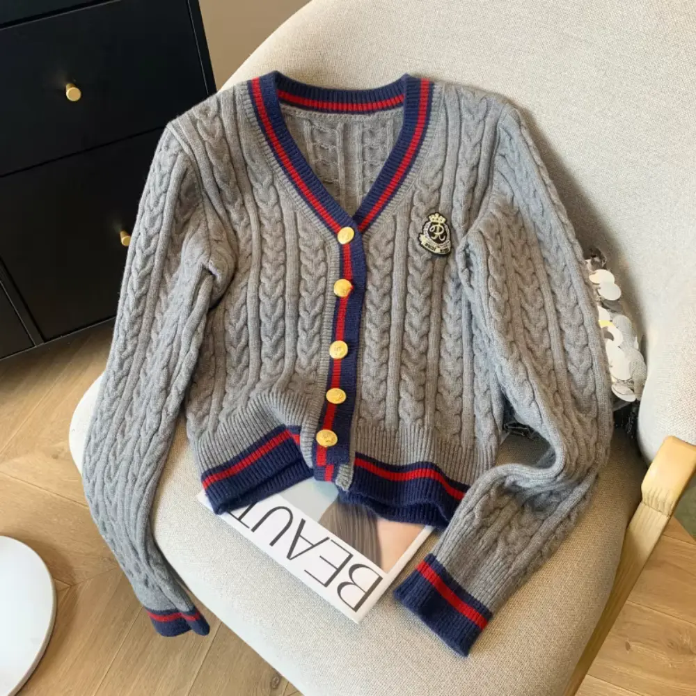 Women's preppy cashmere blend cardigan in neutral V-neck with twist knit texture for autumn layering